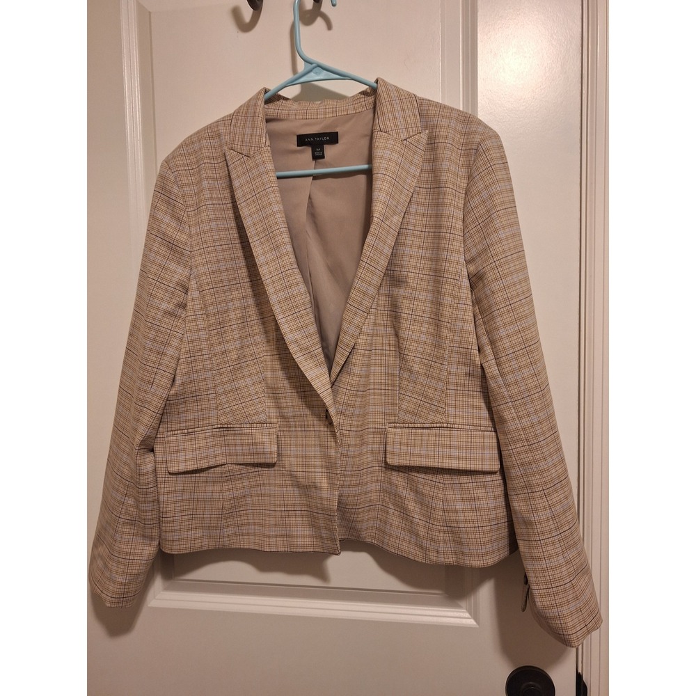 Ann Taylor Womens 16P Petite Plaid Blazer Tan Blue Single Button Workwear Jacket